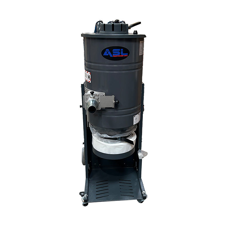 ASL Machines USA Single Motor Vacuum 110V front view with black hose on wheeled cart