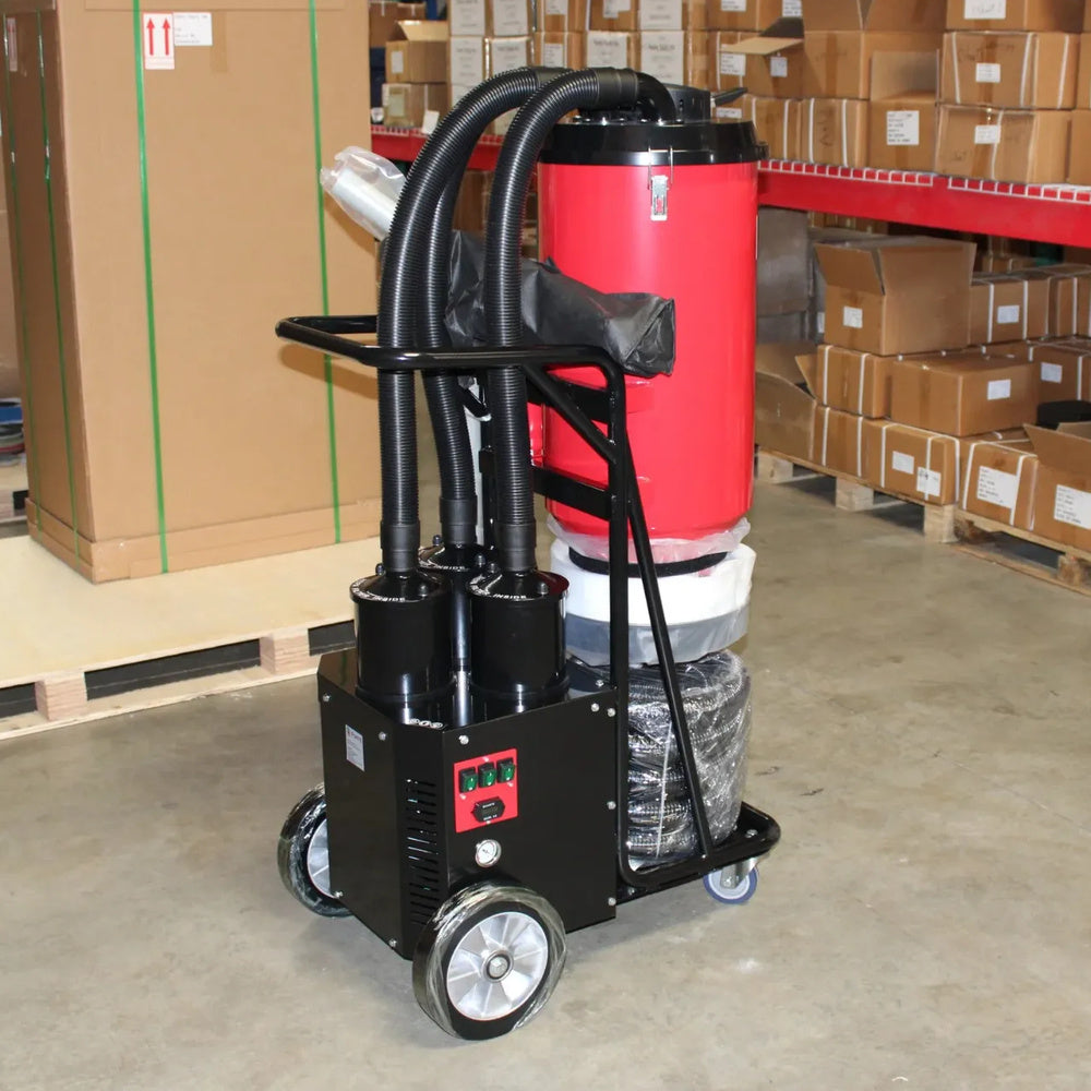 Rear view of the F36 dust extractor showing hoses, filter housings and control panel