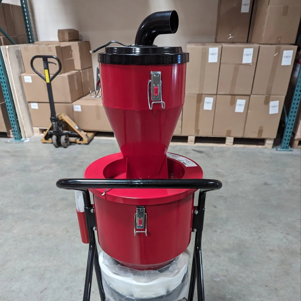 Rear view of the Forte FP01 dust pre-separator showing the lid, outlet elbow and handle.