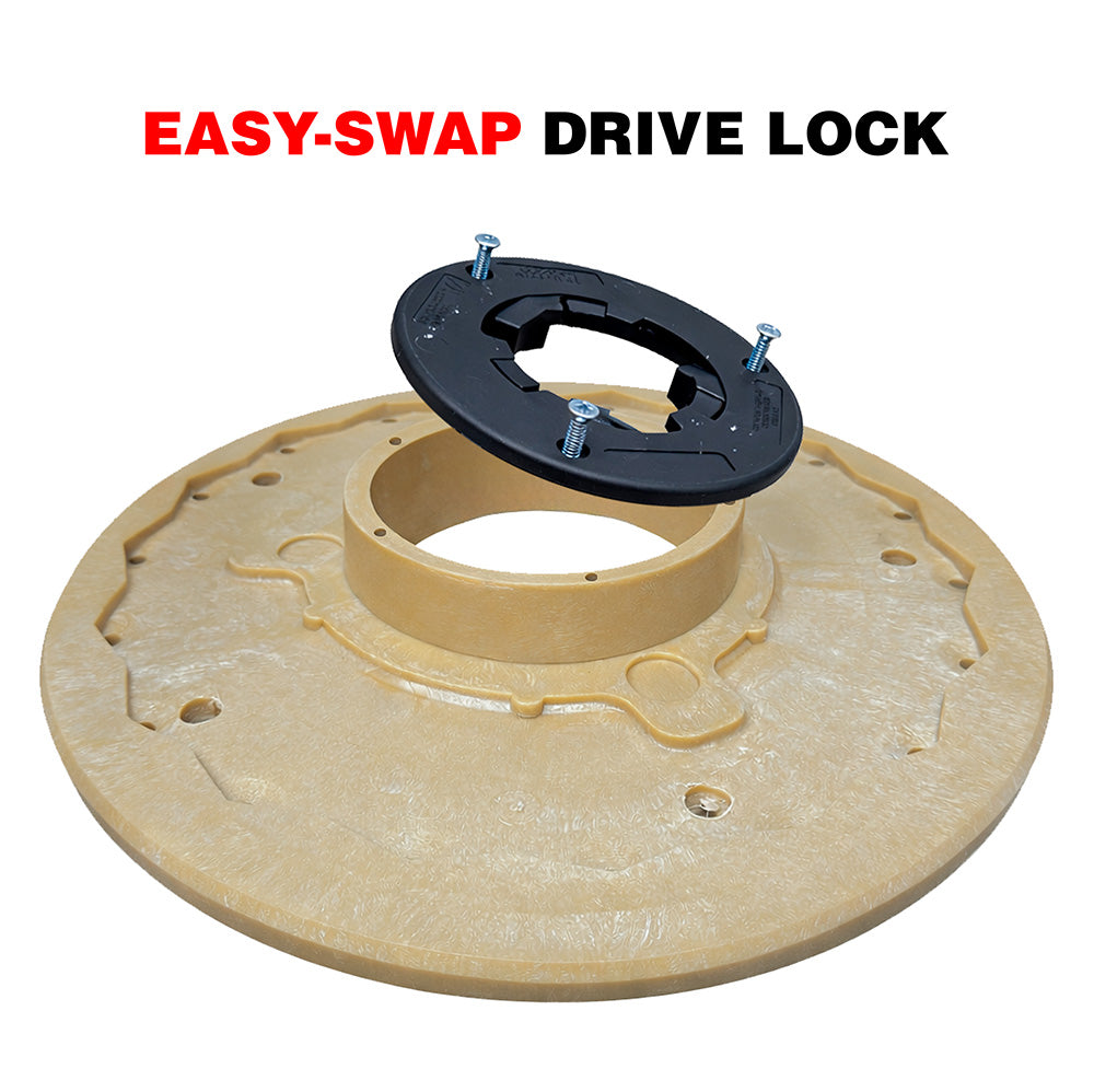 Easy-swap drive lock system on diamond concrete grinding plate for quick machine attachment