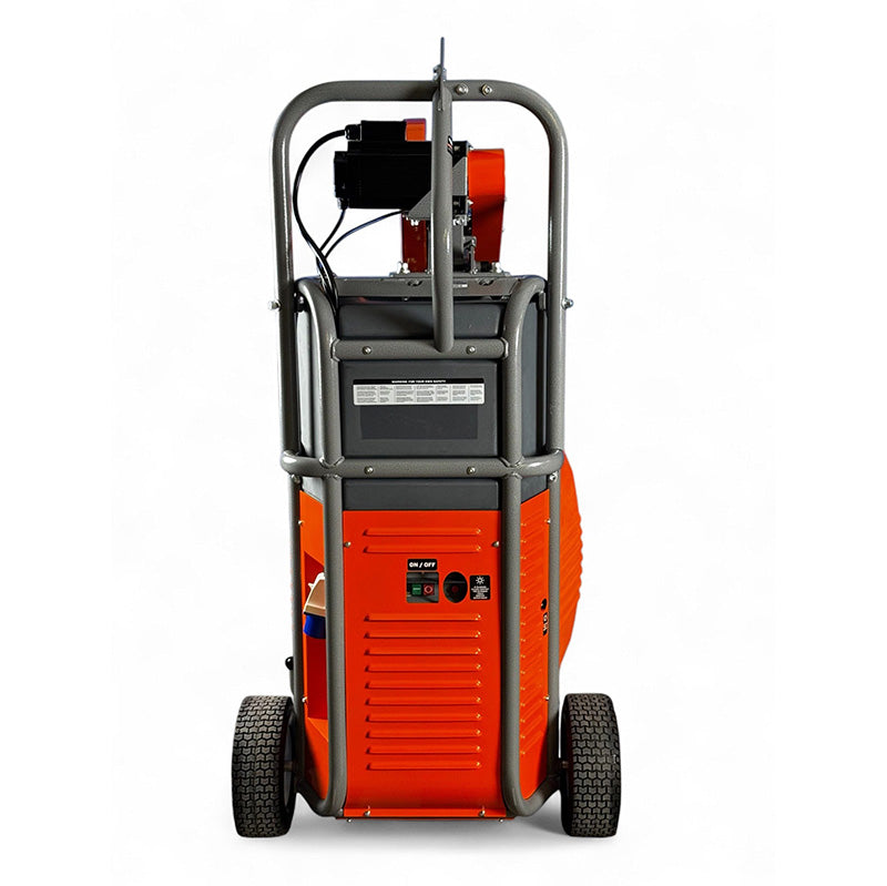 Rear view of iQ Power Tools iQ1550 dry cut masonry saw with wheels and control panel