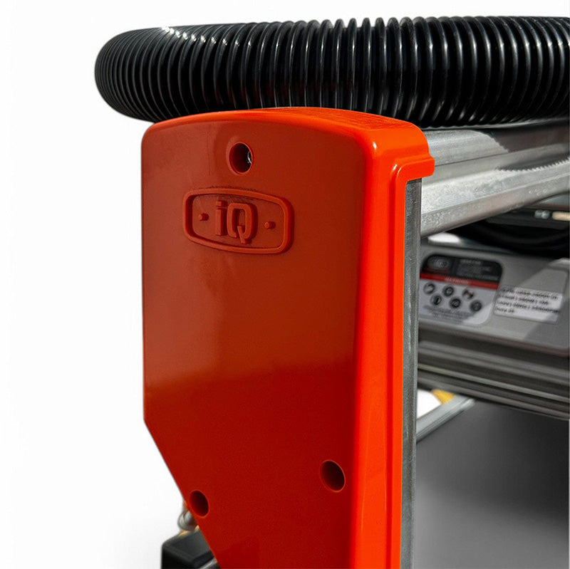 Close up of iQ252 rail tile saw end bracket and dust hose