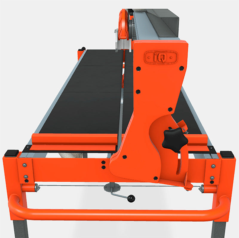 End detail render of iQ252 rail tile saw cutting head and table