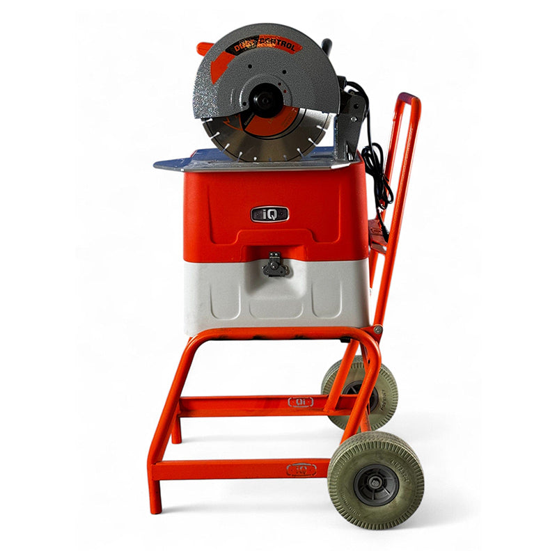Front view of iQ360XT dry cut masonry saw with 14 inch blade and wheel cart