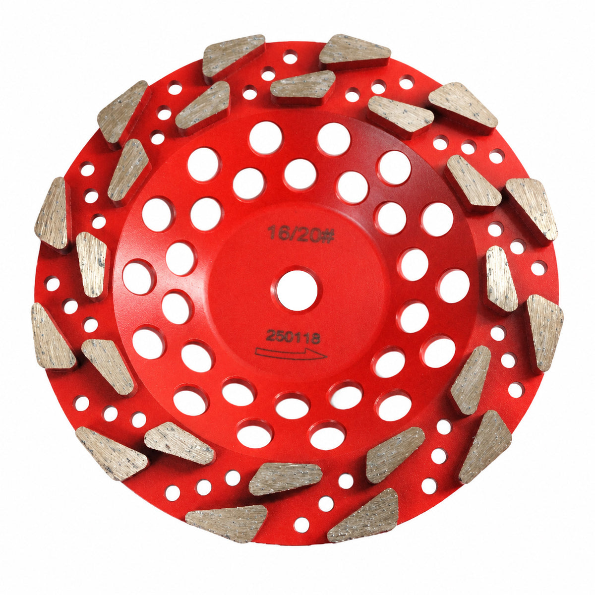 Red tear drop diamond cup wheel showing diamond segments and ventilation holes.
