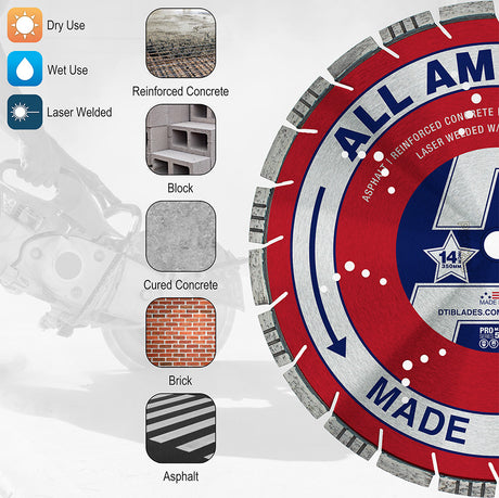 All American Diamond Blade cuts reinforced concrete, block, cured concrete, brick and asphalt, wet or dry