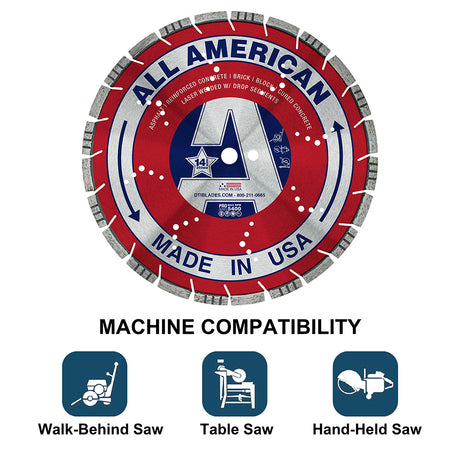 All American Diamond Blade fits walk-behind, table and hand-held saws