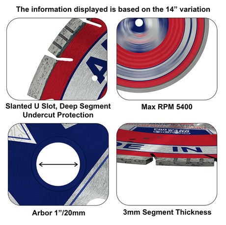 All American Diamond Blade details: slanted U slots, deep segments, 1-inch/20mm arbor, 5400 max RPM (14-inch)