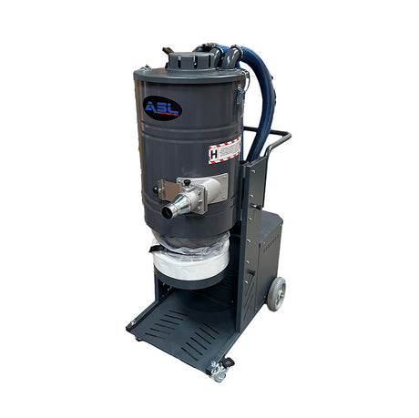 ASL Machines USA Single Motor Vacuum 110V angle view showing spec plate and dust bag