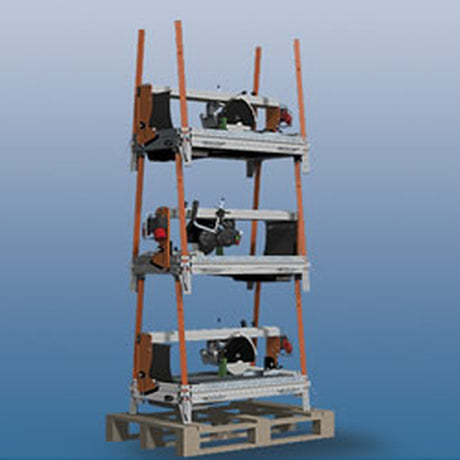 Three Battipav CLASS PLUS 1300S tile saws stacked for storage and transport