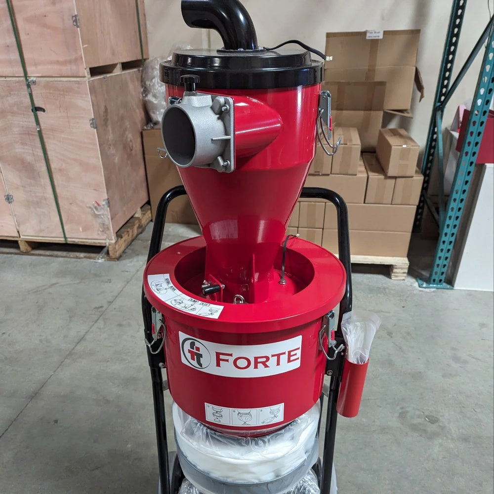 Forte FP01 dust pre-separator showing the front inlet and continuous collection bag.