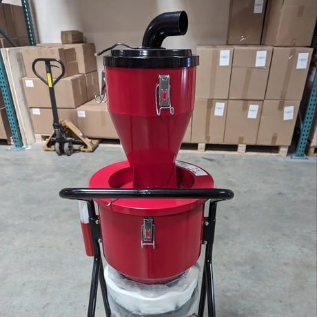Rear view of the Forte FP01 dust pre-separator showing the lid, outlet elbow and handle.