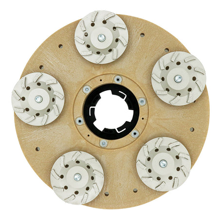 Diamond concrete grinding plate with 5 turbo swirl cup wheels mounted