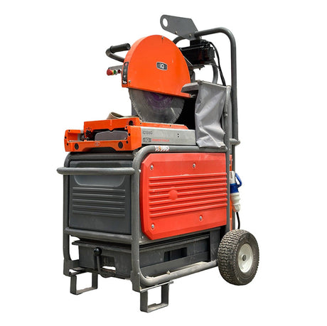 iQ Power Tools iQ1550 Masonry Saw angled rear view with dust collection bag and wheel frame