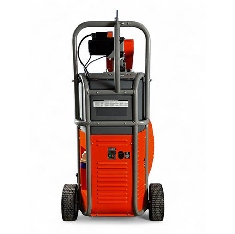 Rear view of iQ Power Tools iQ1550 dry cut masonry saw with wheels and control panel
