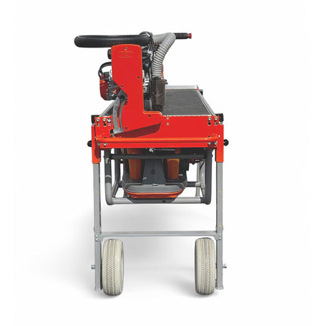 Back end view of iQ252 rail tile saw with wheels and stand