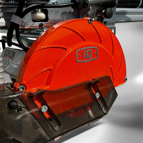 Close up of iQ252 rail tile saw blade guard and dust collection area