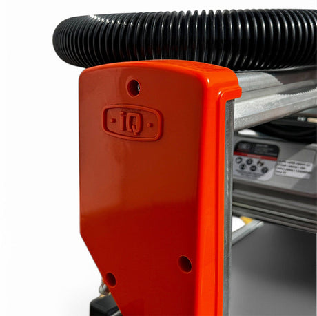 Close up of iQ252 rail tile saw end bracket and dust hose