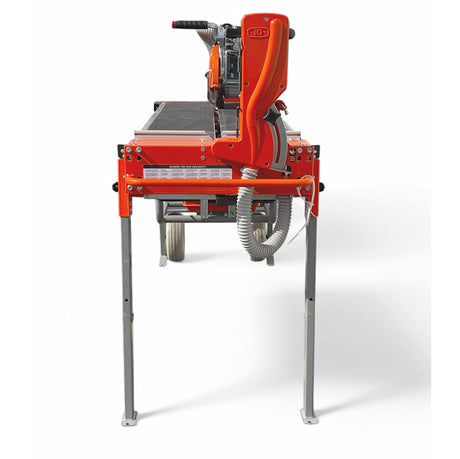 Front end view of iQ252 dry cut rail tile saw with dust hose and stand