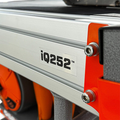 iQ252 rail tile saw logo close up on aluminum rail