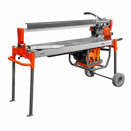 Rear angled view of iQ252 rail tile saw with stand and wheels