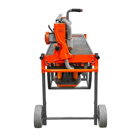 Right end view of iQ252 rail tile saw with stand and wheels