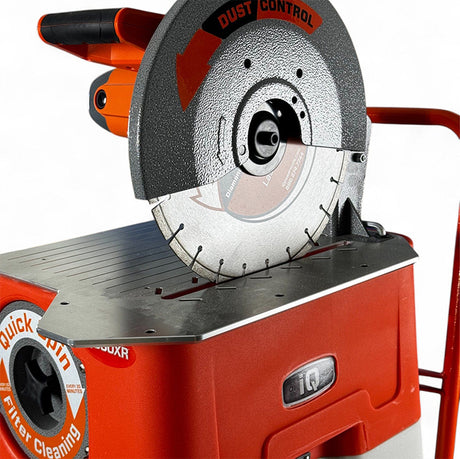 Close up of iQ360XT masonry saw blade and cutting table