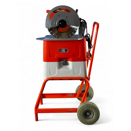 Front view of iQ360XT dry cut masonry saw with 14 inch blade and wheel cart