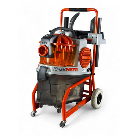 iQ426HEPA dust extractor angled right view showing cart frame and collection bin