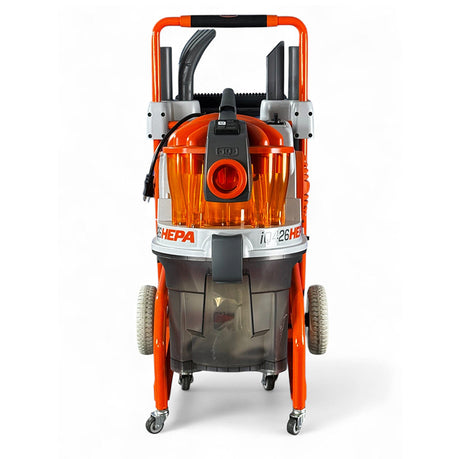 Front view of iQ426HEPA dust extractor with cyclonic filtration chamber