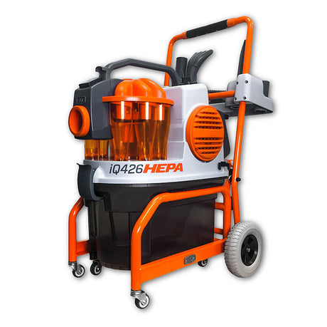 Left side view of iQ426HEPA dust extractor with cart and rear wheels
