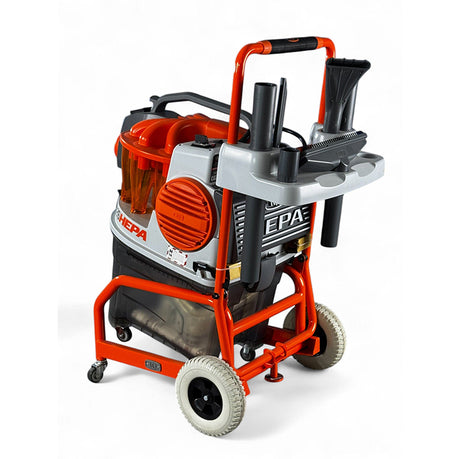 Rear view of iQ426HEPA dust extractor with accessory rack and hose storage