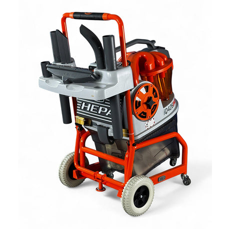 Rear angled view of iQ426HEPA dust extractor with cart handle and wheels