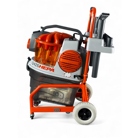 Right side view of iQ426HEPA dust extractor with accessory rack and wheel cart