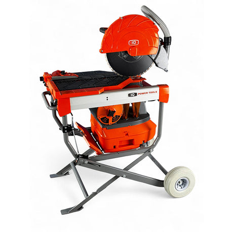 iQMS362i Dust Control Masonry Saw angled side view with wheels and integrated stand