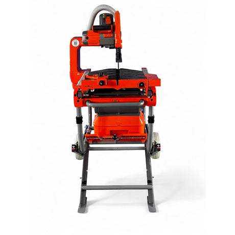 Front view of iQMS362i Dust Control Masonry Saw with cutting table and stand