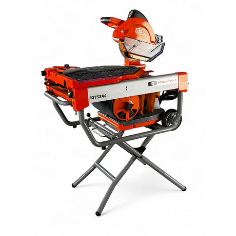 iQTS244 10 inch dry cut tile saw angled side view with Q-Drive blade and X-Stand