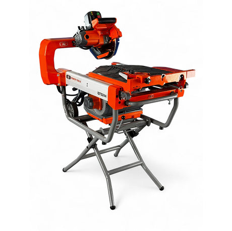 Rear angled view of iQTS244 dry cut tile saw with stand and cutting table