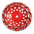 Red tear drop diamond cup wheel showing diamond segments and ventilation holes.